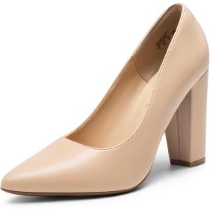 DREAM PAIRS Women’s High Chunky Block Heels Closed Pointed Toe Slip on Women Pumps Wedding Party Work Comfortable Dress Shoes for Women(Nude)