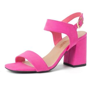DREAM PAIRS Women’s High Chunky Heels Square Toe Block Ankle Strap Dress Comfort Sandals(Hot Pink-suede)