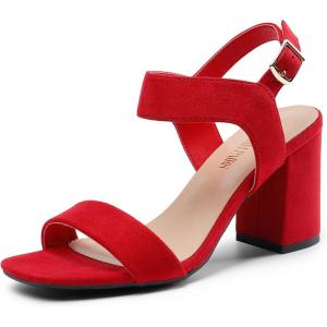 DREAM PAIRS Women’s High Chunky Heels Square Toe Block Ankle Strap Dress Comfort Sandals(Red-suede)