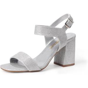 DREAM PAIRS Women’s High Chunky Heels Square Toe Block Ankle Strap Dress Comfort Sandals(Silver-glitter)