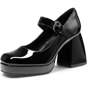 DREAM PAIRS Women’s High Chunky Platform Closed Toe Mary Jane Block Heels Square Toe Strappy Dress Wedding Party Pumps Shoes(Black-pat)