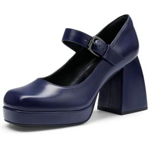 DREAM PAIRS Women’s High Chunky Platform Closed Toe Mary Jane Block Heels Square Toe Strappy Dress Wedding Party Pumps Shoes(Navy-pu)