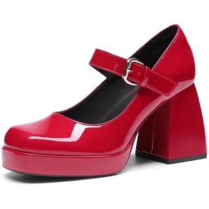 DREAM PAIRS Women’s High Chunky Platform Closed Toe Mary Jane Block Heels Square Toe Strappy Dress Wedding Party Pumps Shoes(Red)