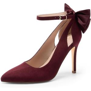 DREAM PAIRS Women’s High Heels Stiletto Strappy Pointed Toe Bow Dress Shoes Sexy Party Wedding Pumps(Burgundy Suede)