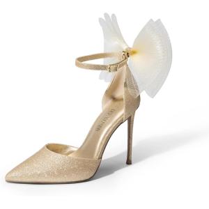 DREAM PAIRS Women’s High Heels Strappy Closed Toe Stiletto Pointed Toe Mesh Bows Ankle Strap D’Orsay Sexy Dress Wedding Party Pumps Shoes(Gold-glitter)