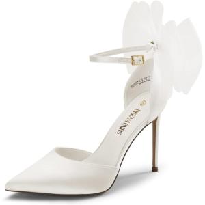 DREAM PAIRS Women’s High Heels Strappy Closed Toe Stiletto Pointed Toe Mesh Bows Ankle Strap D’Orsay Sexy Dress Wedding Party Pumps Shoes(White)