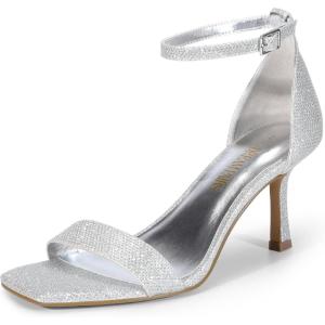 DREAM PAIRS Women’s High Stilettos Open Square Toe Ankle Strap Heels Sexy Fashion Comfort Dress Shoes Wedding Bridal Pumps Heeled Sandals(Silver-glitter)