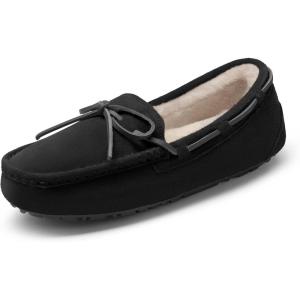 DREAM PAIRS Women’s House Slippers Indoor Outdoor Moccasin Fuzzy Fluffy Furry Loafers Suede Leather Warm Shoes(Black)