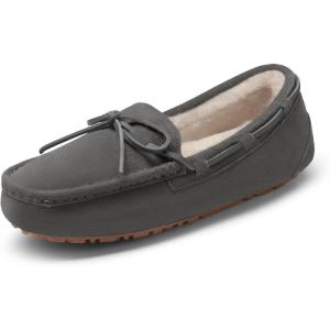 DREAM PAIRS Women’s House Slippers Indoor Outdoor Moccasin Fuzzy Fluffy Furry Loafers Suede Leather Warm Shoes(Grey)
