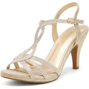 DREAM PAIRS Women’s Kitten Heels Open Toe Stilettos Rhinestone Heels for Dressy Wedding(Gold)