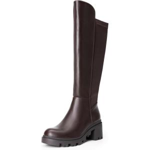 DREAM PAIRS Women’s Knee High Boots, Comfortable Platform Round Toe Stretch Boots for Women(Brown-pu)