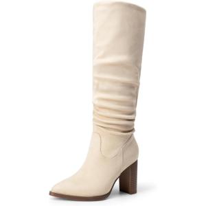 DREAM PAIRS Women’s Knee High Boots Pointed Toe Chunky Block Heel Suede Boots Comfortable for Women with Side Zipper Fashion Slouchy Tall Boots(Beige)