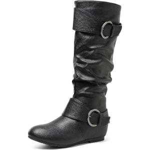 DREAM PAIRS Women’s Knee High Low Hidden Wedge Boots Suede Faux Fur Lining Side Zipper Knee High Buckle Boots(Ura-black)