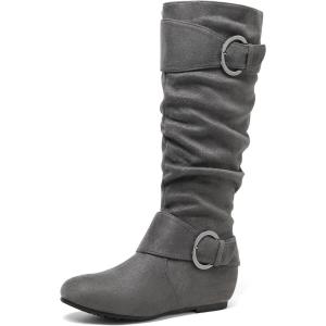 DREAM PAIRS Women’s Knee High Low Hidden Wedge Boots Suede Faux Fur Lining Side Zipper Knee High Buckle Boots(Ura-grey Suede)