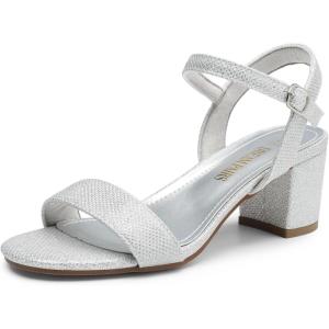 DREAM PAIRS Women’s Low Heels Block Open Toe Ankle Strap Classic Short Chunky Sandals with Buckle for Daily Work Wedding Party(Silver-glitter)