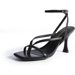 DREAM PAIRS Women’s Low Kitten Heels Strappy Design with Lace Up Open Square Toe Thong Ankle Strap Shoes Fashionable Sexy Sylvestra Heeled Sandals for Dressy Occasions(Black)