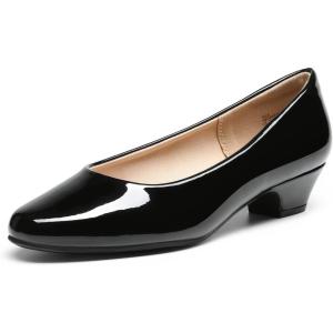 DREAM PAIRS Women’s Mila Low Chunky Heel Pump Shoes(Black-pat)