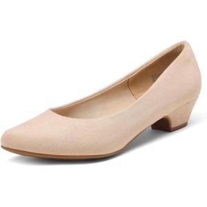 DREAM PAIRS Women’s Mila Low Chunky Heel Pump Shoes(Nude/Suede)