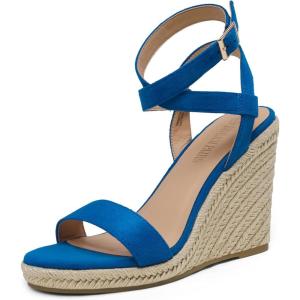 DREAM PAIRS Womens Open Toe Espadrilles Dressy Platform Sandals Buckle Ankle Strap Stylish Wedges Sandals(Blue/Suede)