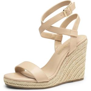 DREAM PAIRS Womens Open Toe Espadrilles Dressy Platform Sandals Buckle Ankle Strap Stylish Wedges Sandals(Nude-pu)