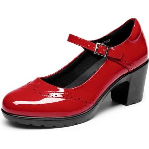 DREAM PAIRS Women’s Oxfords Mary Jane Dress Shoes Heels for Women(Red-pat)