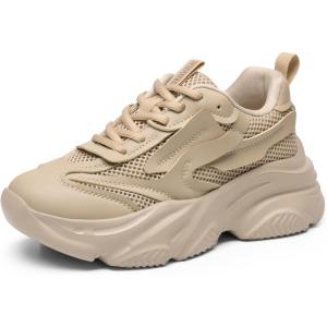 DREAM PAIRS Women’s Platform Chunky Fashion Sneakers Jaxon Walking Lace-Up Comfortable Dad Sneakers Workout Sport Work Casual Tennis Shoes(Apricot)