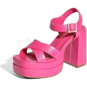 DREAM PAIRS Women’s Platform Chunky Heels Square Open Toe Ankle Strap High Heeled Sandals Y2K Shoes for Party Brunch(Hot Pink)