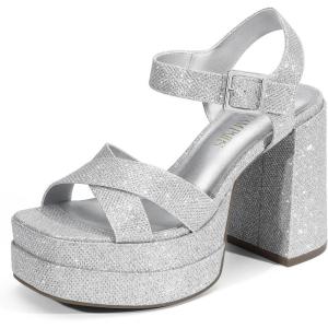 DREAM PAIRS Women’s Platform Chunky Heels Square Open Toe Ankle Strap High Heeled Sandals Y2K Shoes for Party Brunch(Silver-glitter)