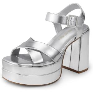 DREAM PAIRS Women’s Platform Chunky Heels Square Open Toe Ankle Strap High Heeled Sandals Y2K Shoes for Party Brunch(Silver-metallic)