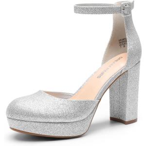 DREAM PAIRS Women’s Platform Chunky High Heels Closed Toe Block Ankle Strap Dress Bridal Party Wedding Shoes(Silver)