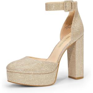 DREAM PAIRS Women’s Platform High Chunky Heels Closed Toe Block Ankle Strap Dress Buckle Round Toe Wedding Party Comfortable Pumps Shoes(Gold-glitter)