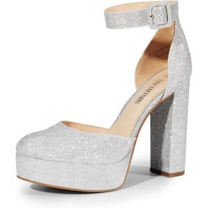 DREAM PAIRS Women’s Platform High Chunky Heels Closed Toe Block Ankle Strap Dress Buckle Round Toe Wedding Party Comfortable Pumps Shoes(Silver-glitter)