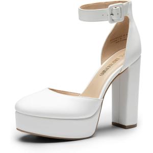 DREAM PAIRS Women’s Platform High Chunky Heels Closed Toe Block Ankle Strap Dress Buckle Round Toe Wedding Party Comfortable Pumps Shoes(White-pu)