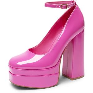 DREAM PAIRS Women’s Platform High Heels Closed Toe Chunky Block Pumps Square Toe Ankle Strap Dress Fashion Party Y2K Shoes(Hot Pink-pat)