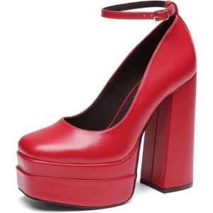 DREAM PAIRS Women’s Platform High Heels Closed Toe Chunky Block Pumps Square Toe Ankle Strap Dress Fashion Party Y2K Shoes(Red-pu)