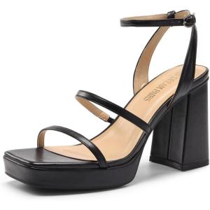 DREAM PAIRS Women’s Platform Strappy Heels Open Toe Ankle Strap Square Party Sandals Y2K Dress Shoes(Black)