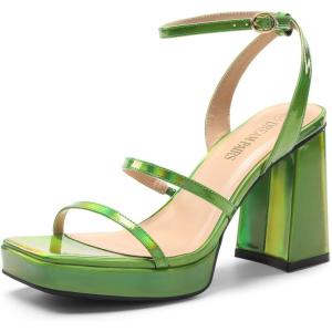 DREAM PAIRS Women’s Platform Strappy Heels Open Toe Ankle Strap Square Party Sandals Y2K Dress Shoes(Green)