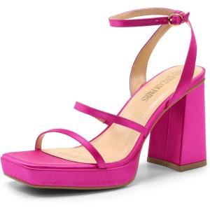 DREAM PAIRS Women’s Platform Strappy Heels Open Toe Ankle Strap Square Party Sandals Y2K Dress Shoes(Hot Pink)
