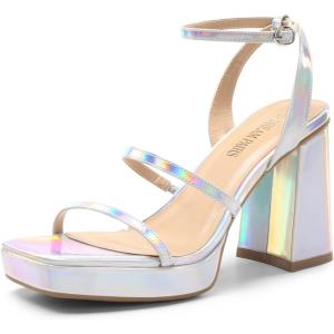 DREAM PAIRS Women’s Platform Strappy Heels Open Toe Ankle Strap Square Party Sandals Y2K Dress Shoes(Silver)