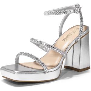 DREAM PAIRS Women’s Platform Strappy Heels Open Toe Ankle Strap Square Party Sandals Y2K Dress Shoes(Silver-rhinestone)