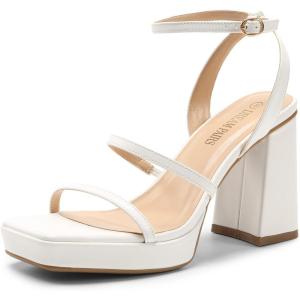 DREAM PAIRS Women’s Platform Strappy Heels Open Toe Ankle Strap Square Party Sandals Y2K Dress Shoes(White)