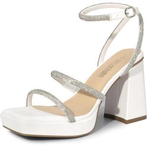 DREAM PAIRS Women’s Platform Strappy Heels Open Toe Ankle Strap Square Party Sandals Y2K Dress Shoes(White-rhinestone)