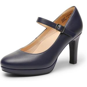 DREAM PAIRS Women’s Pumps Close Toe Classic High Heels Round Toe Comfortable Low Platform Mary Jane Dress Shoes(Navy)