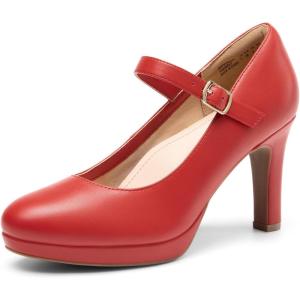 DREAM PAIRS Women’s Pumps Close Toe Classic High Heels Round Toe Comfortable Low Platform Mary Jane Dress Shoes(Red-pu)