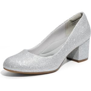 DREAM PAIRS Women’s Pumps Low Chunky Block Heel Dress Shoes Closed Round Toe Comfortable Heels(Silver)
