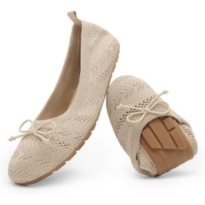 DREAM PAIRS Women’s Round Toe Foldable Portable Knit Ballet Flats Comfortable Dressy Flats for Work Office Dress Shoes Business Casual(Nude)