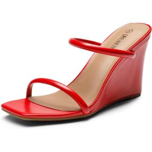 DREAM PAIRS Women’s Slides Wedge Sandals Two Strap Square Open Toe Dress Shoes(Red)
