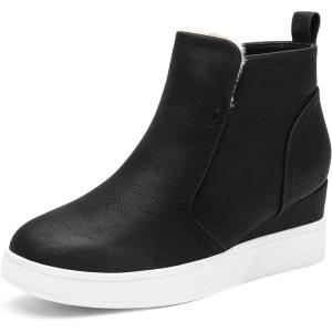 DREAM PAIRS Women’s Slip on High Top Wedge Sneakers Hidden Heel Platform Wedgie Ankle Booties(Black/Pu)