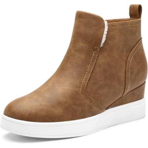 DREAM PAIRS Women’s Slip on High Top Wedge Sneakers Hidden Heel Platform Wedgie Ankle Booties(Tan/Pu)