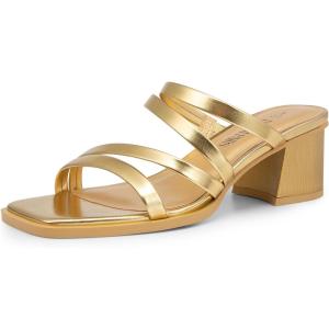 DREAM PAIRS Women’s Strappy Heels Block Open Toe Low Heel Chunky Mules Sandals Dress Shoes(Gold-metallic)